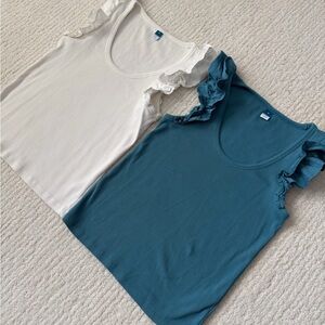 2 Women's Ruffled Sleeve Tank Tops - White and Teal